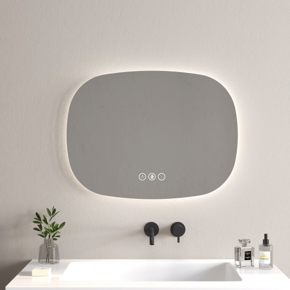 Огледало за баня с вградено LED осветление; ОБЩ РАЗМЕР (см) Ш*В*Д 80*60,  LED осветление на гърба (6500K), антифог функция и радарен сензор. LED огледалото се включва автоматично при засичане на движение в радиус до 2 метра и ъгъл 80°, а след около 35 секунди без движение светлината се изключва с цел пестене на енергия. Монтира се хоризонтално.                          