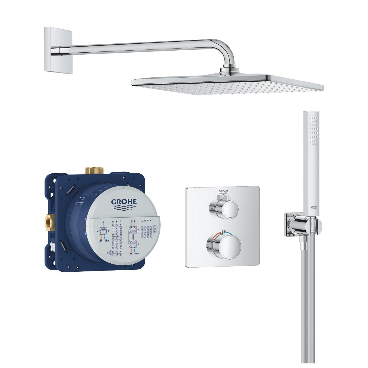 GROHE Душ комплект за вграждане с ТЕРМОСТАТЕН смесител с квадратна душ пита 31/31см