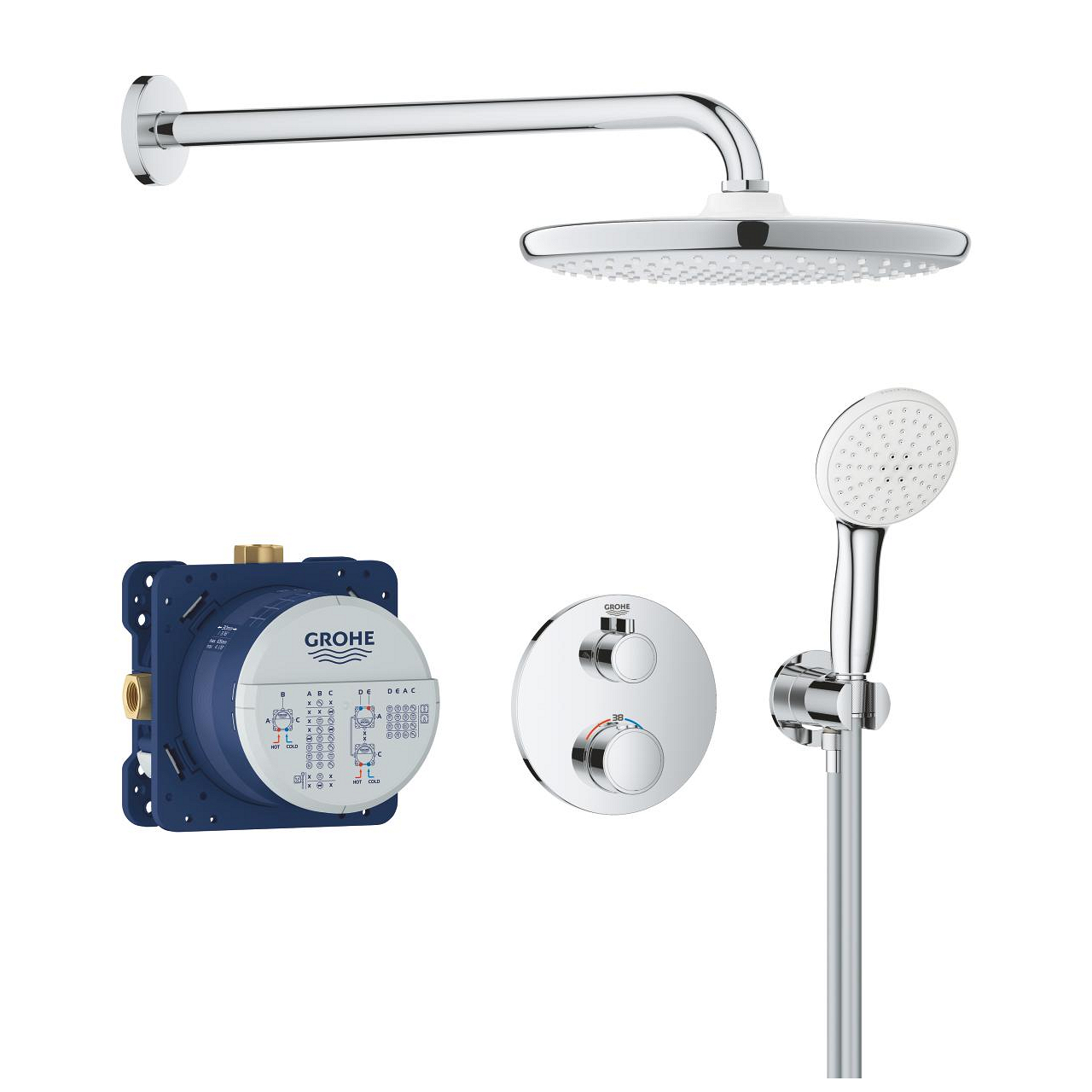 GROHE Душ комплект за вграждане с ТЕРМОСТАТЕН смесител с кръгла душ пита 25см