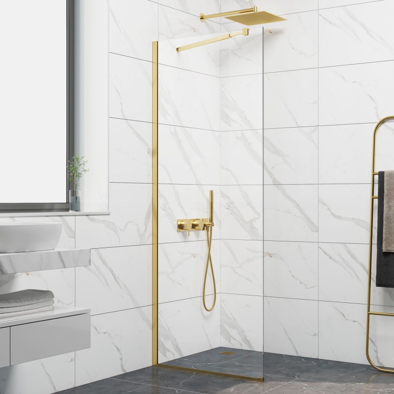 Стационарен параван, Размер: 70x200см, Прозрачно стъкло 8мм, обков злато- brushed gold, телескопично рамо от 70см до 120см