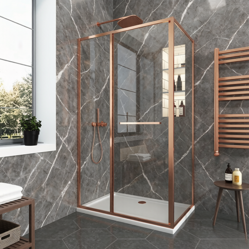 Душ кабина с плъзгане прозрачно стъкло - 6мм, размер 90*90*200, обков BRUSH ROSE GOLD                             