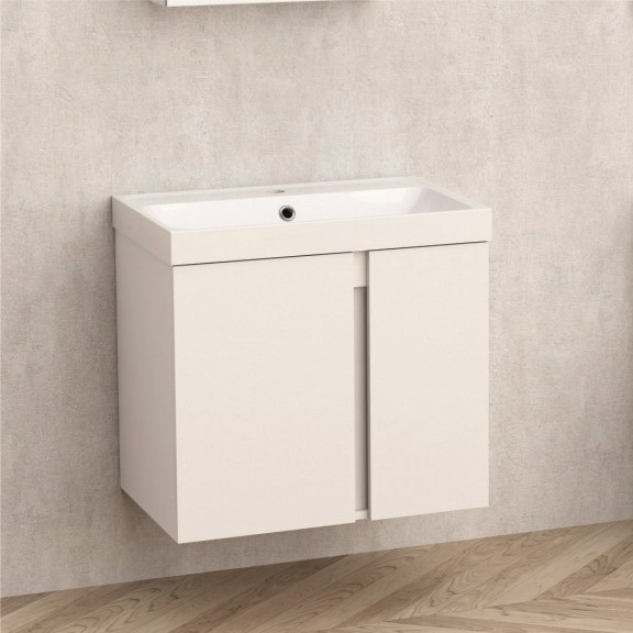 Долен PVC мебел за баня . 60.8x41x55см, Пантите са със soft close механизъм. Умивалникът е от ПОЛИМЕРМРАМОР - бял цвят.