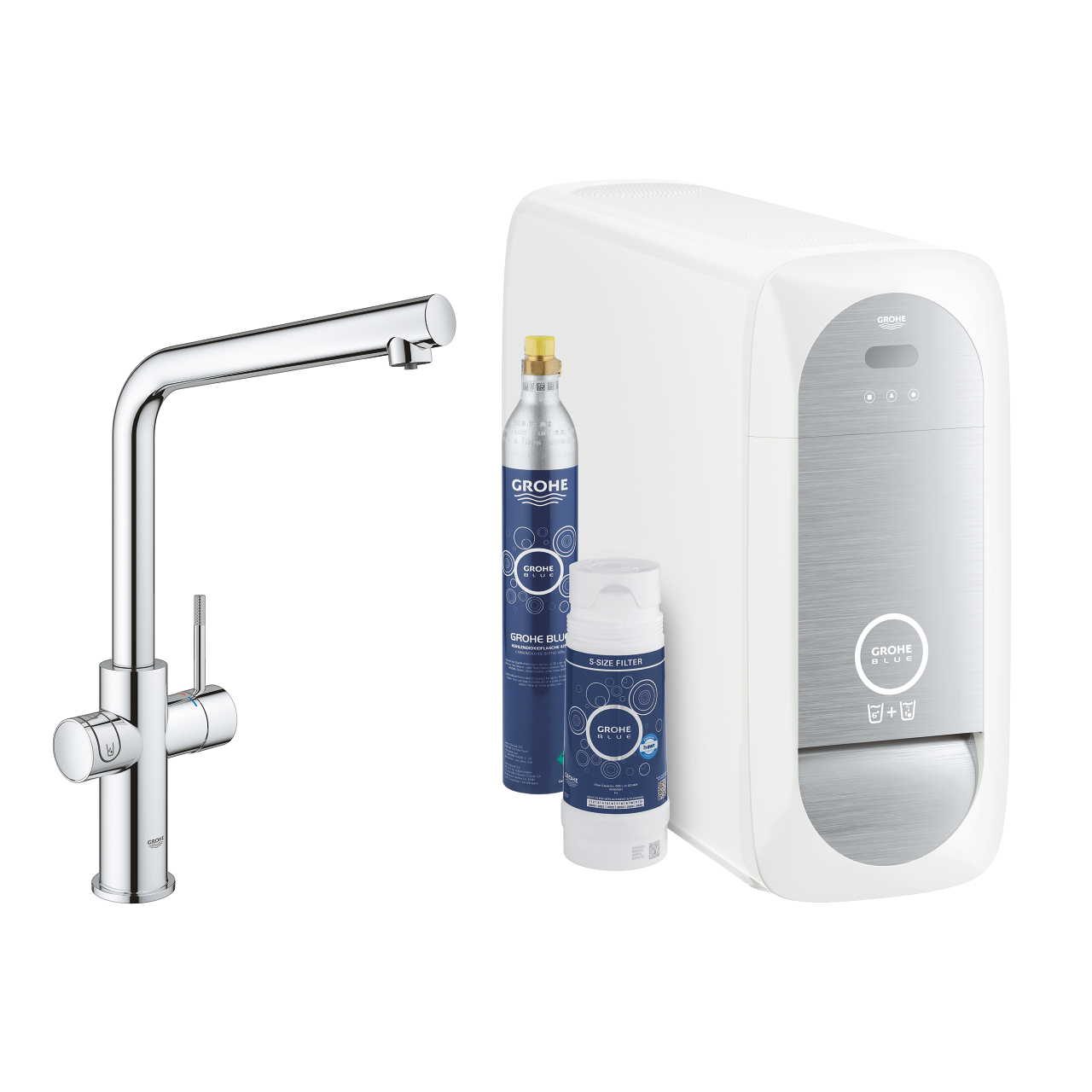 GROHE Blue Home Кухненски смесител за филтрирана вода изстудена силно газирана и слабо газирана вода Комплект с L- чучур