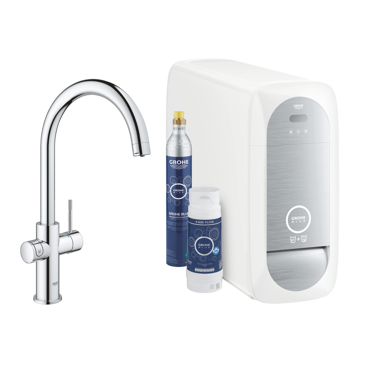 GROHE Blue Home Кухненски смесител за филтрирана вода изстудена силно газирана и слабо газирана вода Комплект с С- чучур