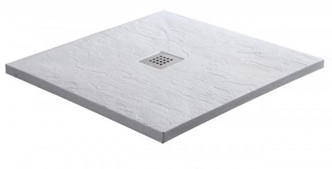 Квадратно корито от изкуствен мрамор - бяло, 90x90x3см, решетка за сифона от неръждаема стомана