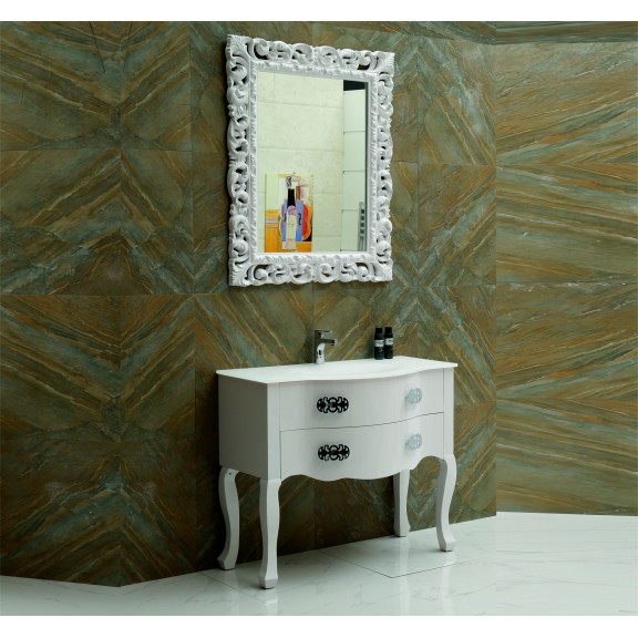 PVC Долен шкаф за баня, панти със “soft close” механизъм, 100x53x85см, Стъклен умивалник бял, Огледало с PVC рамка цвят: бял размер: 87*107см