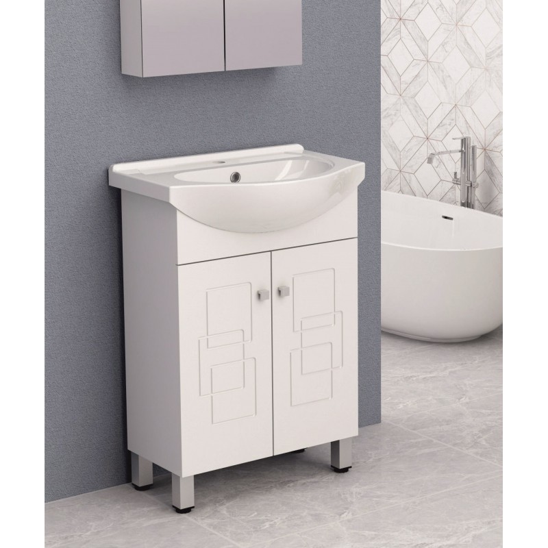 PVC шкаф за баня, панти със “soft close” механизъм. 60x43x85см, Порцеланов умивалник, нивелиращи се крачета