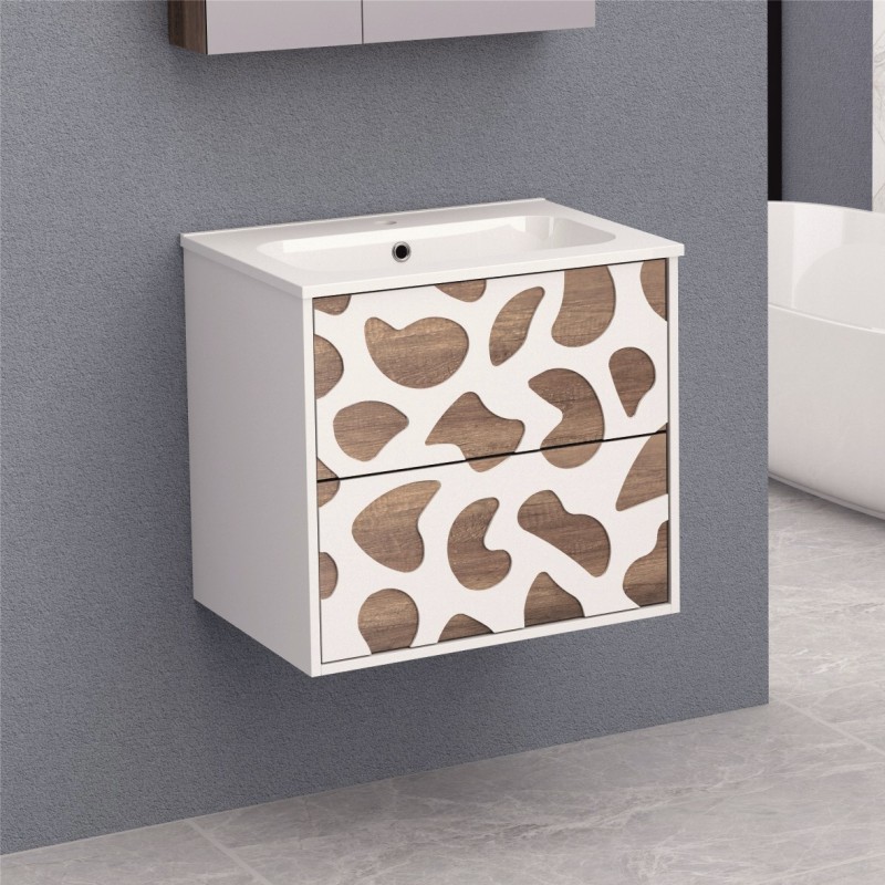 Долен шкаф за баня, панти със “soft close” механизъм. 60x43.5x55см, PVC корпус, чекмеджета, изработени от шперплат и меламиново покритие, Умивалникът е от смола