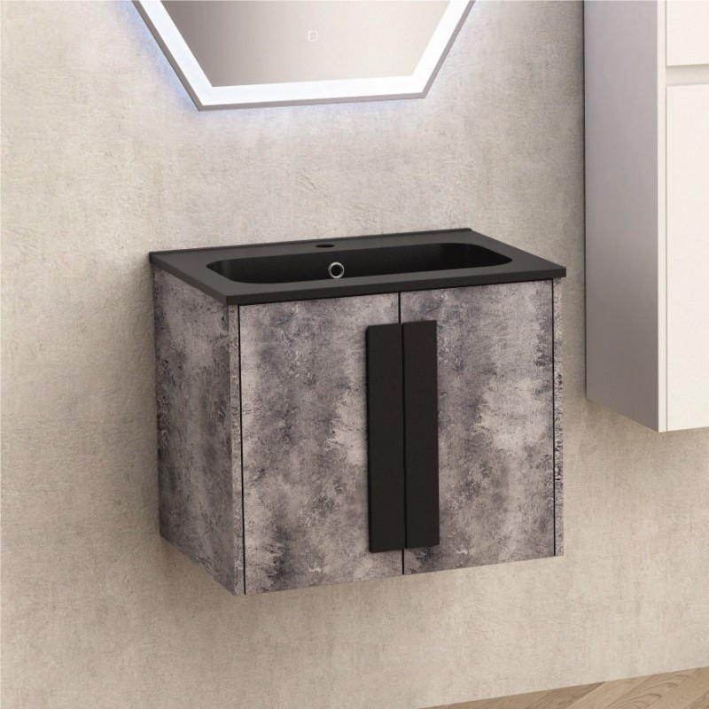 Долен шкаф за баня, панти със “soft close” механизъм. 60x45x50см, PVC, шперплат + меламиново покритие, Умивалникът е от смола