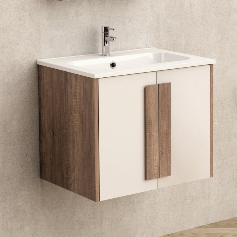 Долен шкаф за баня, панти със “soft close” механизъм. 60x45x50см, PVC, шперплат + меламиново покритие, Умивалникът е от смола