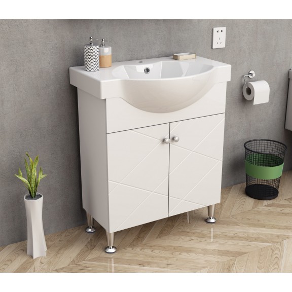 PVC шкаф за баня, панти със “soft close” механизъм. 70x47x85см, порцеланов умивалник, с нивелиращи се крачета