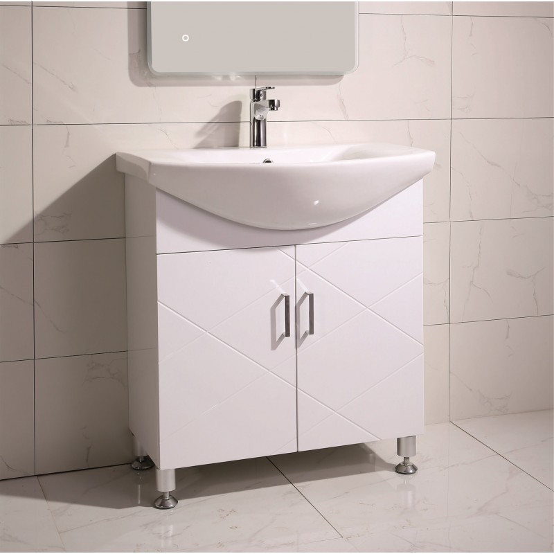 PVC шкаф за баня, панти със “soft close” механизъм. 75.5x47x85см, порцеланов умивалник, с нивелиращи се крачета