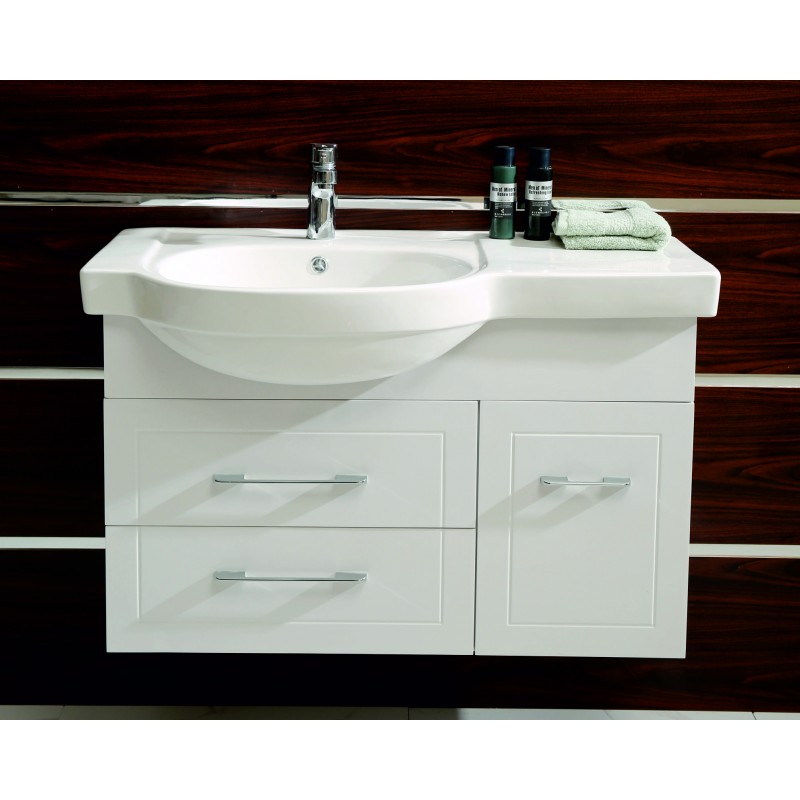 PVC Долен шкаф за баня, панти със “soft close” механизъм, 90x46x47см, умивалник от порцелан