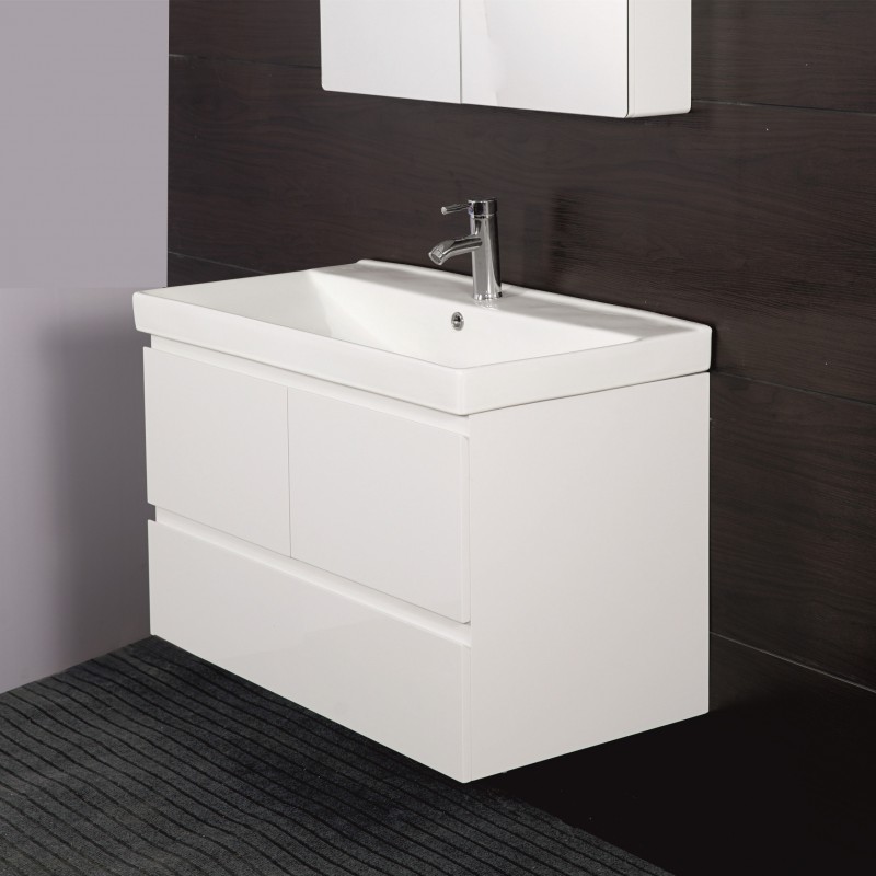 PVC Долен шкаф за баня, панти със “soft close” механизъм, 90x48x60см, Бял порцеланов умивалник