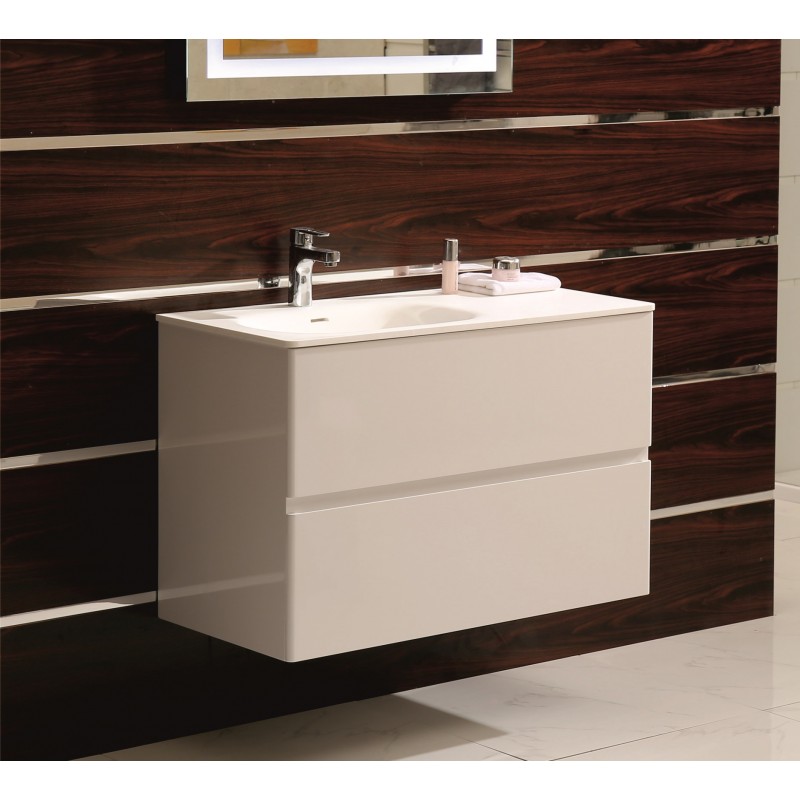 PVC Долен шкаф за баня, панти със “soft close” механизъм, 90x46x60см, Умивалник iStone материал, ЛЯВО КОРИТО/
